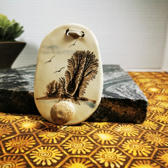 Vintage Irregular Oval Art Pottery Wall Hook with Trees and Birds in Flight - Picture 5 of 13